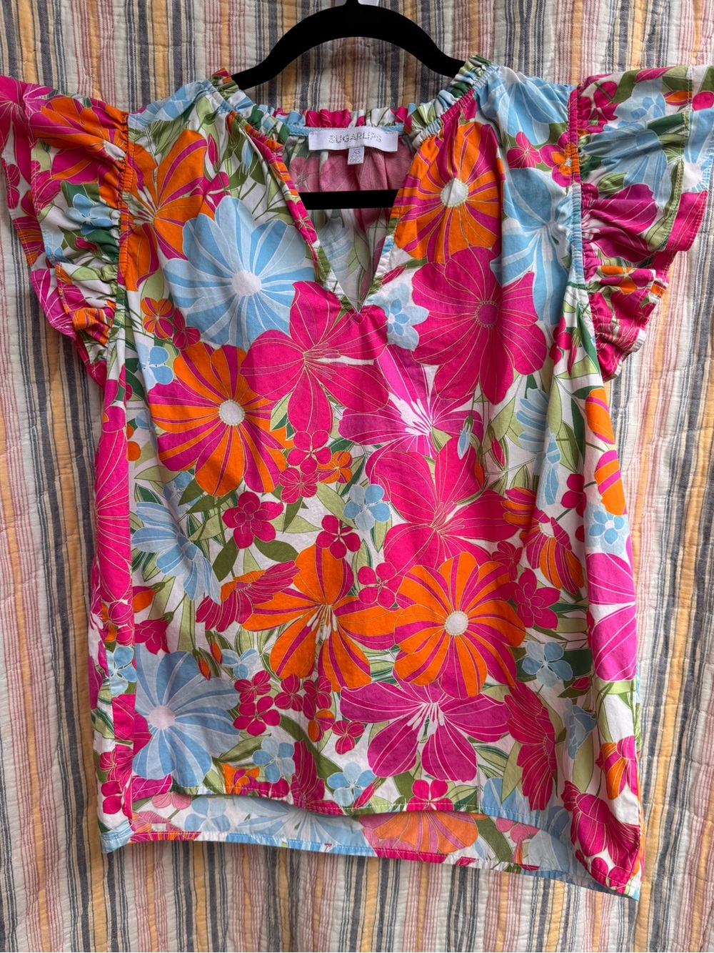 Sugarlips Floral Blouse Ruffle Flutter Sleeve V Neck 100%Cotton Pink Orange S XS